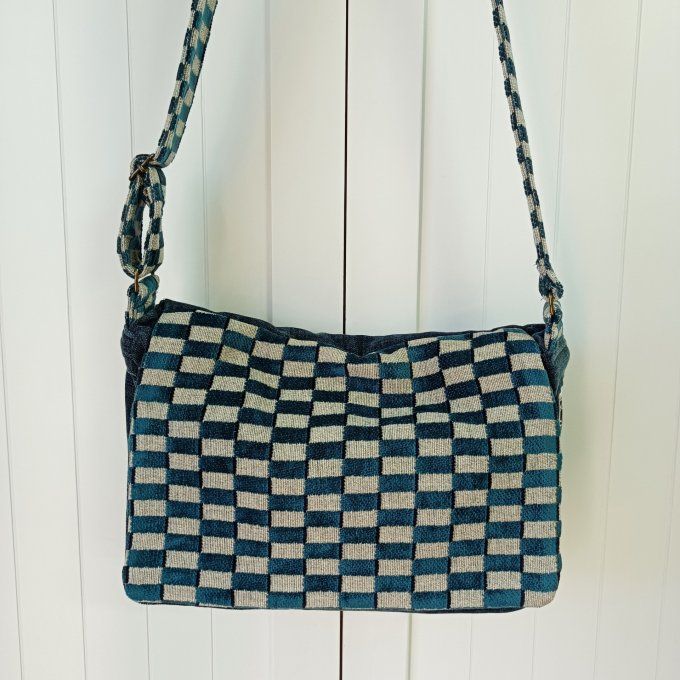 Besace velours Rober bleu - Rabat tapissier Damier