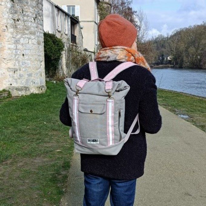 Sac à dos coursier toile gris taupe - Rose  