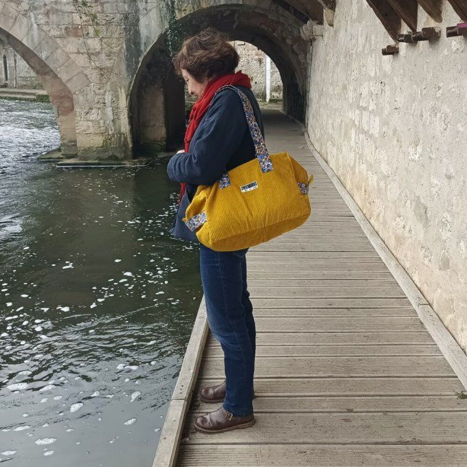 Sac we velours côtelé moutarde - Coton imprimé bleu/jaune 