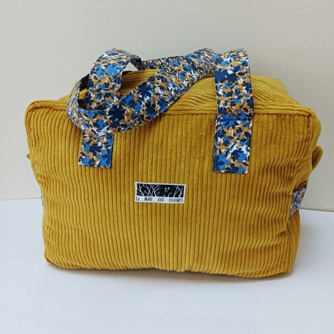 Sac we velours côtelé moutarde - Coton imprimé bleu/jaune 