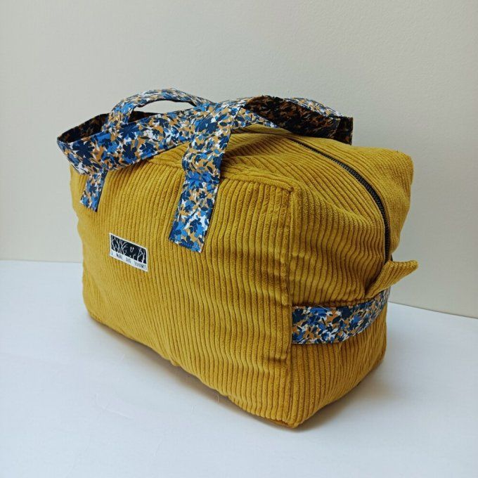 Sac we velours côtelé moutarde - Coton imprimé bleu/jaune 