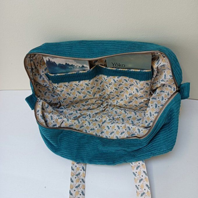 Sac we velours côtelé turquoise - Coton imprimé bleu/jaune 