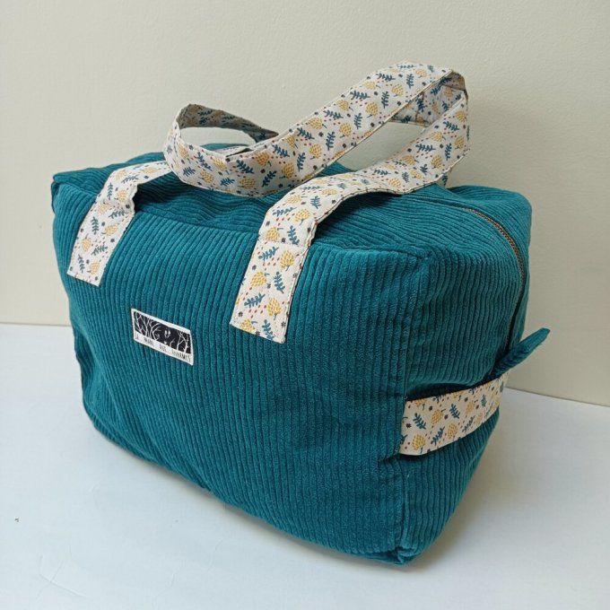 Sac we velours côtelé turquoise - Coton imprimé bleu/jaune 